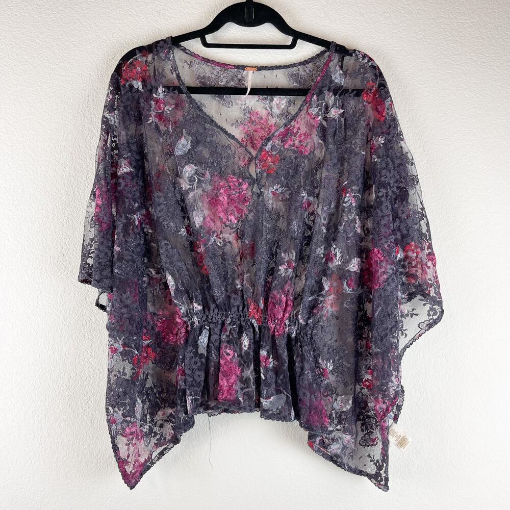 Free People Floral Lace Sheer Top Womens XS Purple Pink Boho Romantic Oversized